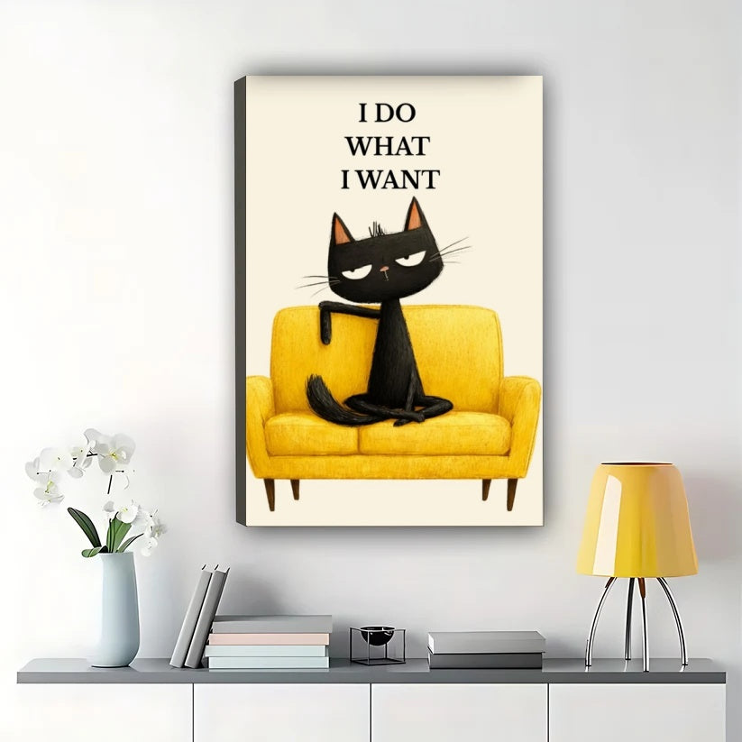 I DO WHAT I WANT Sassy Black Cat – Retro Mid-Century Wall Art on Natural Wood Canvas | W916
