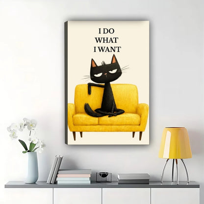 I DO WHAT I WANT Sassy Black Cat – Retro Mid-Century Wall Art on Natural Wood Canvas | W916