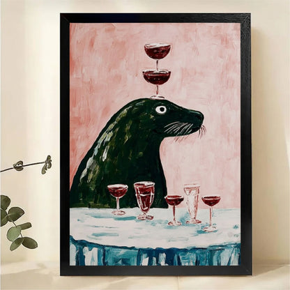 Seal Balancing Wine Glasses Wall Art – Funny Animal Canvas|W1459