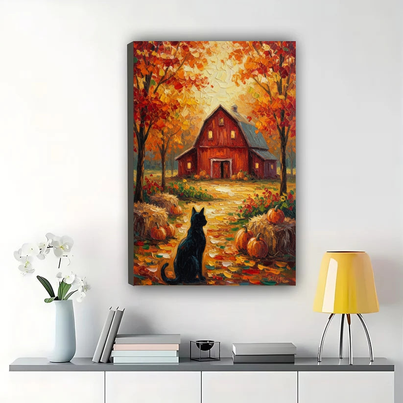 The Autumn Barn Black Cat – Warm Rustic Wall Art on Natural Wood Canvas | W639