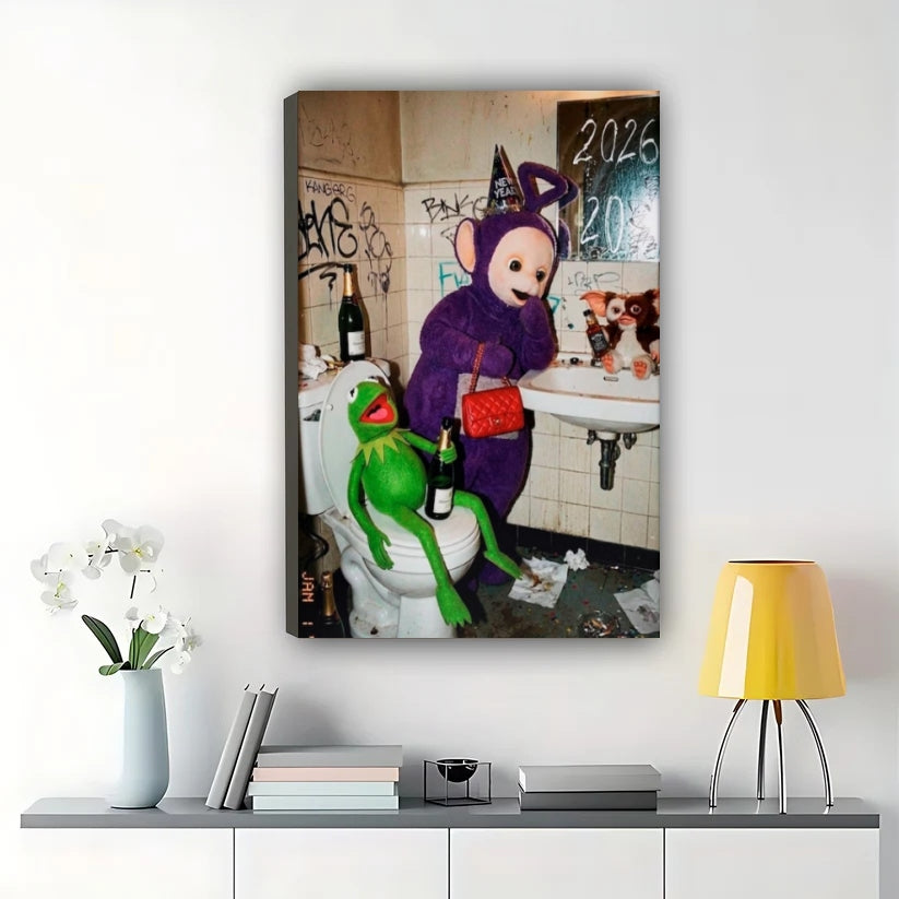Kermit & Teletubby on Toilet – Humorous Pop Culture Parody Wall Art on Natural Wood Canvas | W843