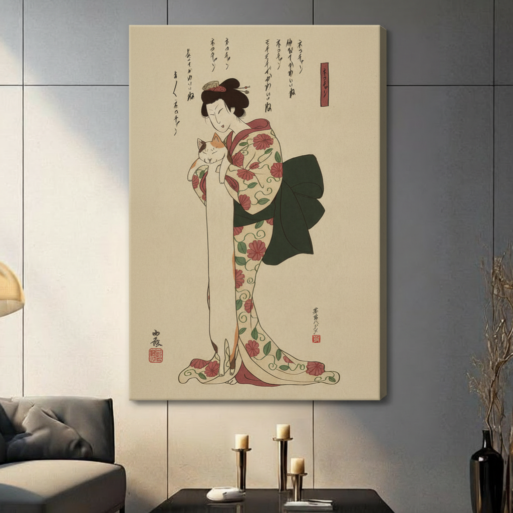 Japanese Ukiyo-e Woman Cat Canvas Art w6607