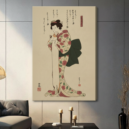 Japanese Ukiyo-e Woman Cat Canvas Art w6607
