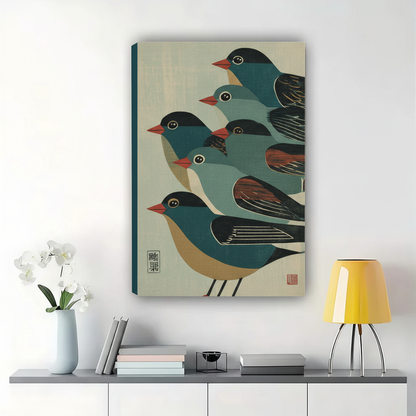 Japanese Style Songbirds Wall Art – Minimalist Woodblock Bird Canvas Print on Natural Wood Frame | W2324