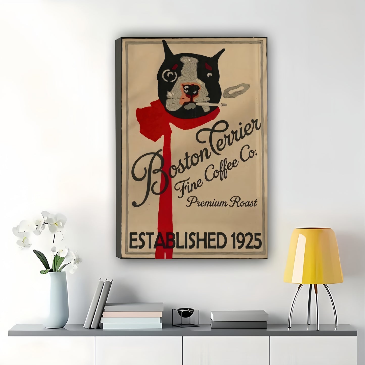 Vintage Boston Terrier Coffee Co Wall Art – Retro Dog Coffee Advertisement Framed Print | W2304