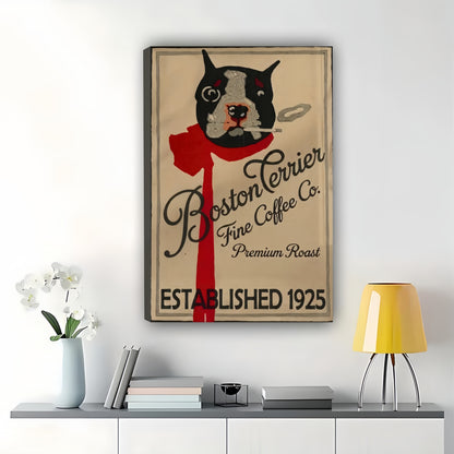 Vintage Boston Terrier Coffee Co Wall Art – Retro Dog Coffee Advertisement Framed Print | W2304