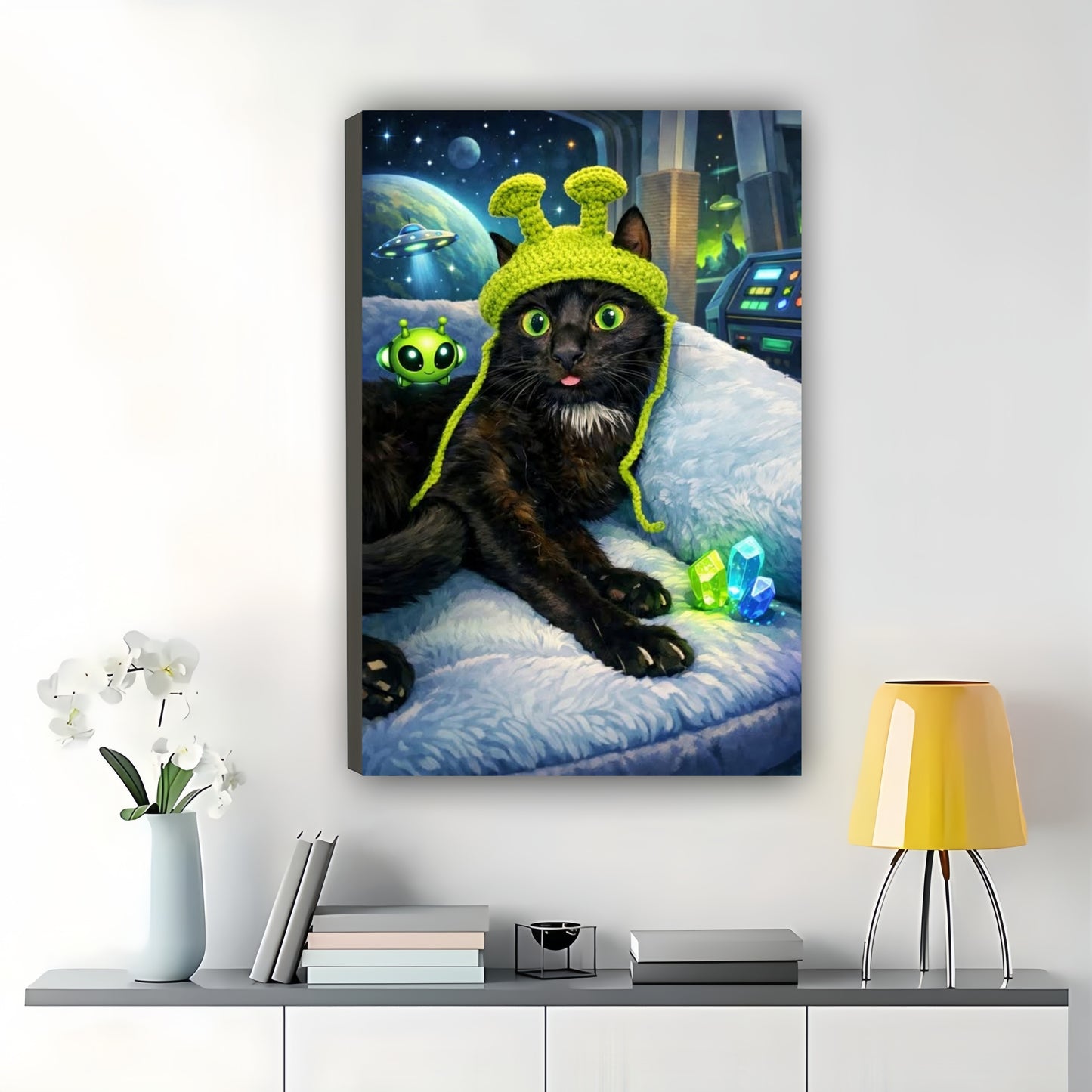Alien-Themed Black Cat – Sci-Fi Whimsical Wall Art on Natural Wood Canvas | W699