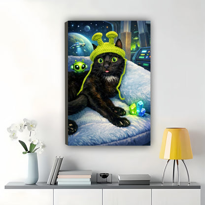 Alien-Themed Black Cat – Sci-Fi Whimsical Wall Art on Natural Wood Canvas | W699