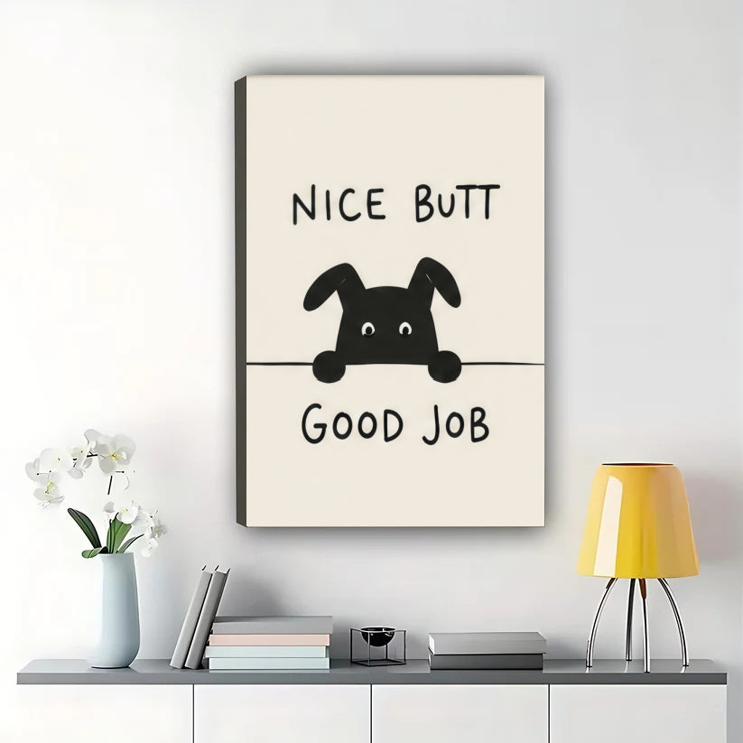 Funny Dog Bathroom Sign Wall Art – "Nice Butt Good Job" Dog Canvas Print on Black Wood Frame | W2260