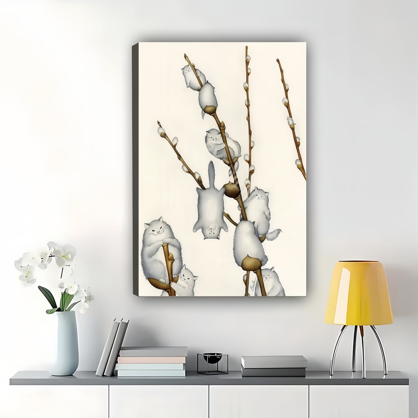 Fluffy White Cats on Willow Branches – Whimsical Cat Wall Art on Natural Wood Canvas | W903