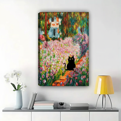 Black Cat in Monet's Garden Wall Art – Impressionist Oil Painting Canvas Print on Natural Wood Frame | W2224