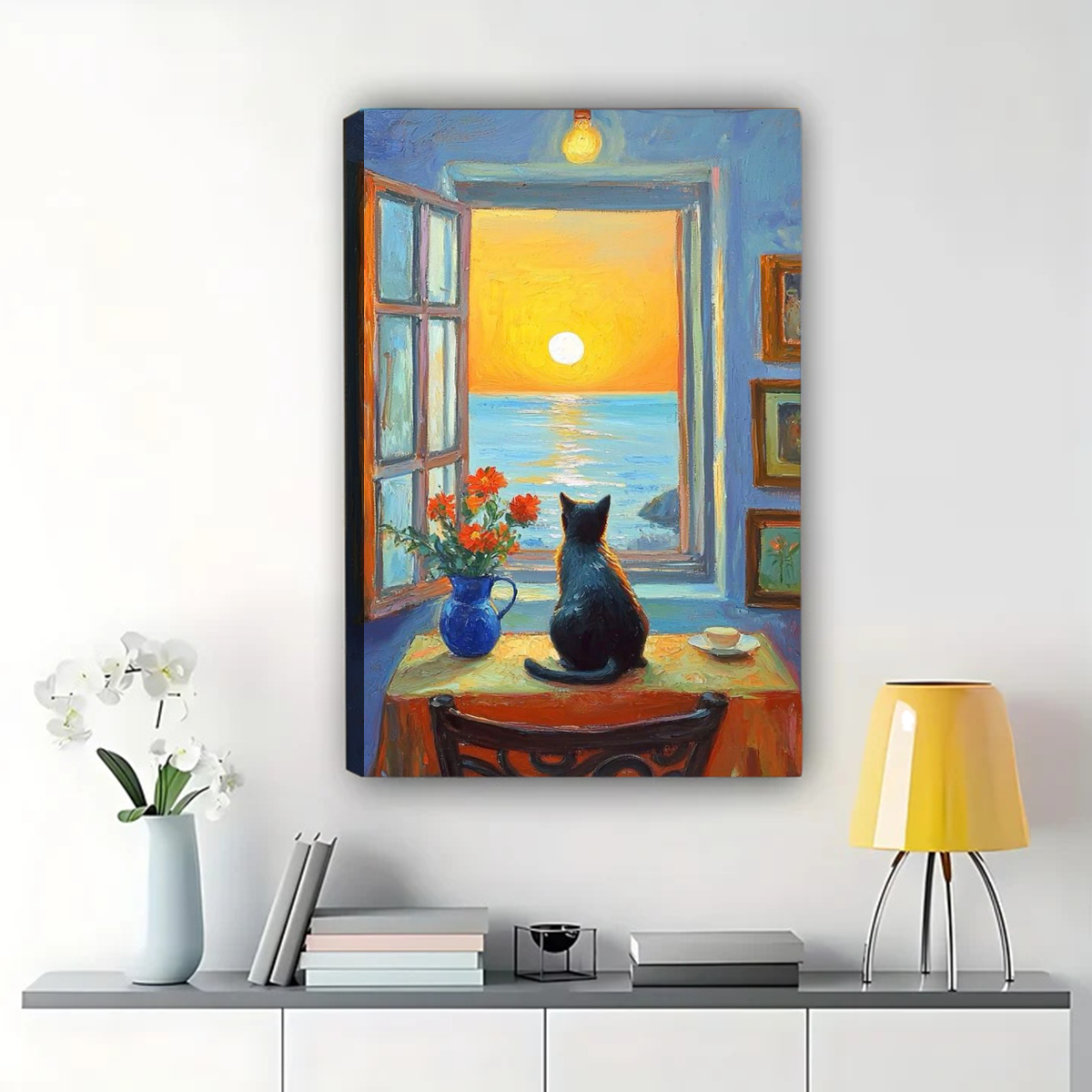Cat Watching Sunset Wall Art - Ocean View Window Canvas Print|W1329