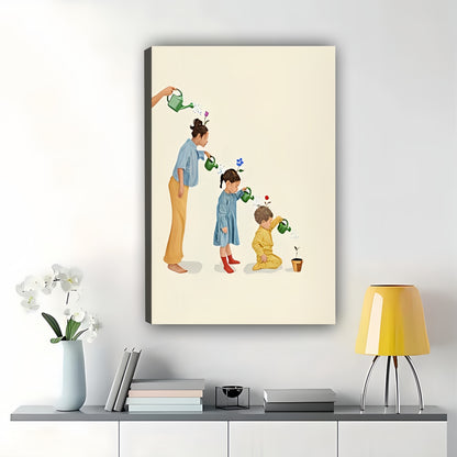 Family Watering Moments – Whimsical Family Illustration Wall Art on Natural Wood Canvas | W2049