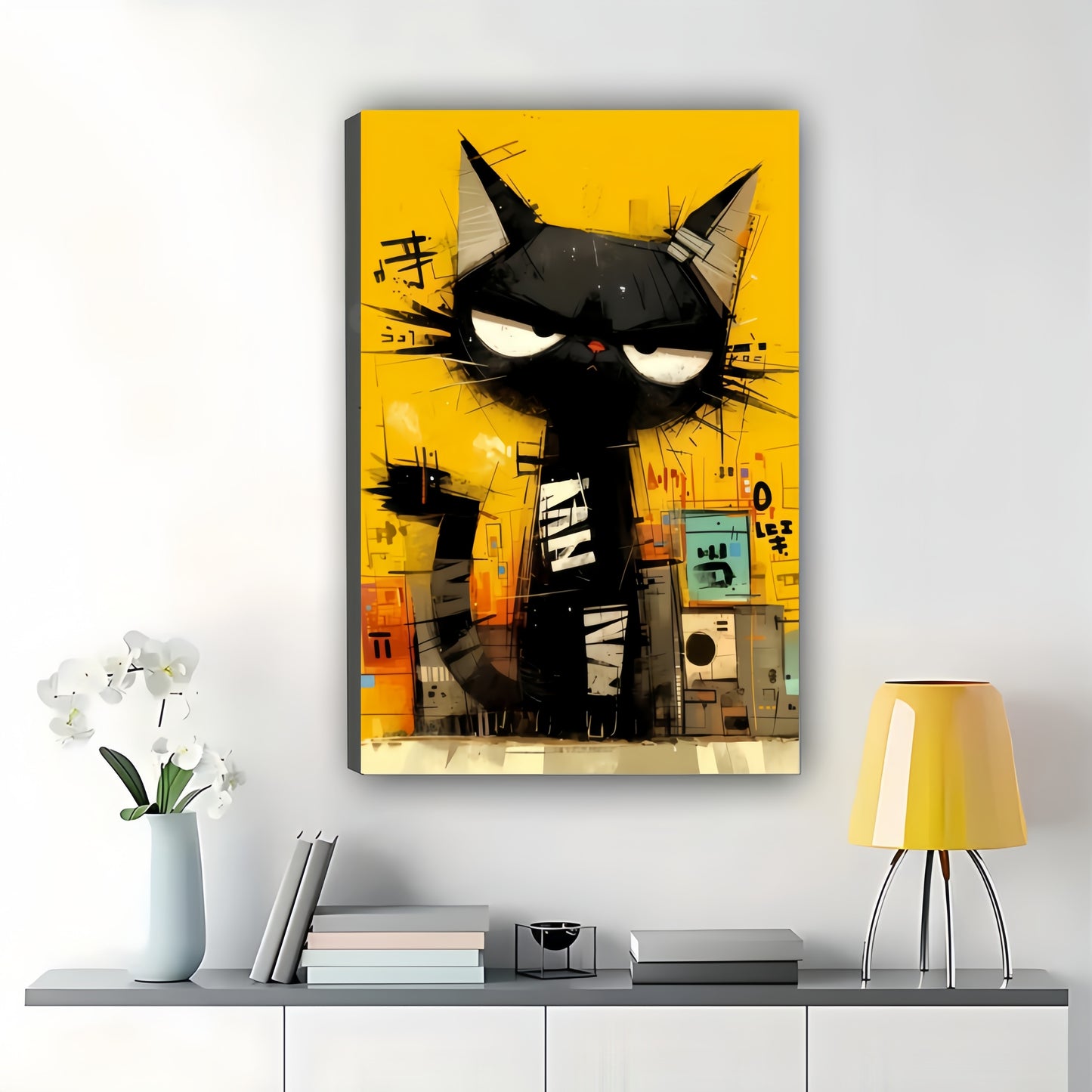 The Graffiti-Style Cool Black Cat – Edgy Street Art Wall Decor on Natural Wood Canvas | W605