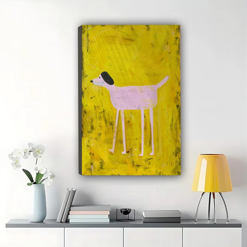 Pink Dog on Yellow Background Wall Art – Minimalist Folk Art Dog Canvas Print on Natural Wood Frame | W2428