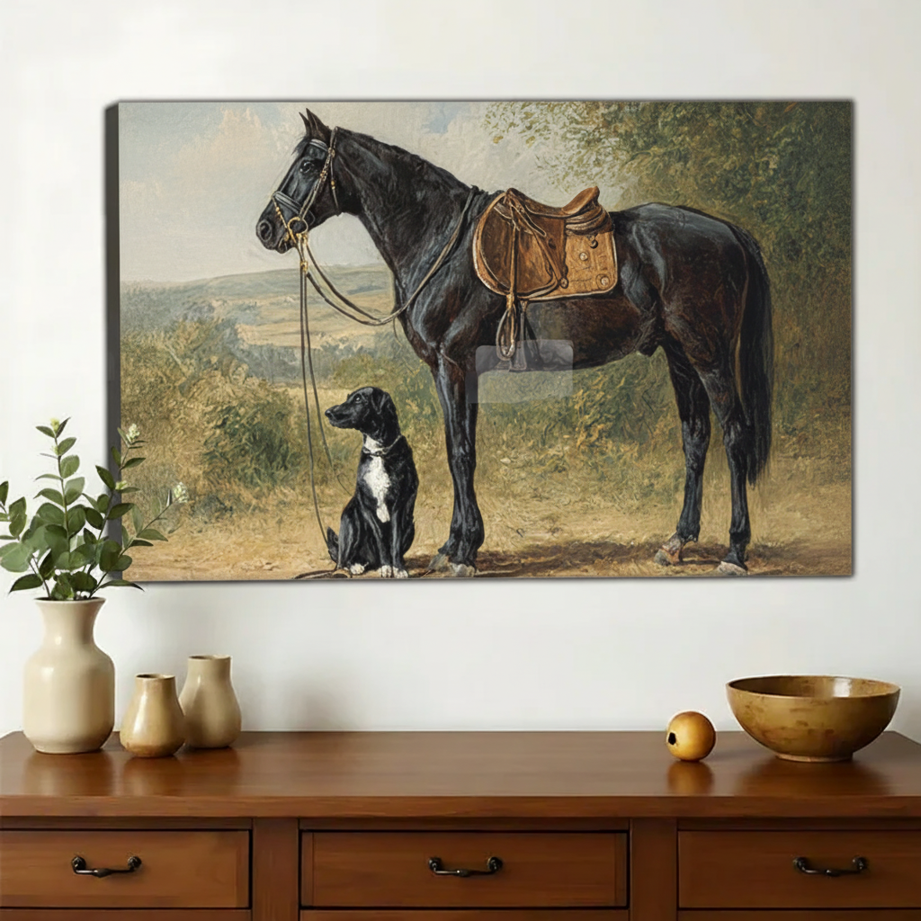 Black Horse with Puppy in Pasture – Heartwarming Countryside Wall Art on Natural Wood Canvas | W825