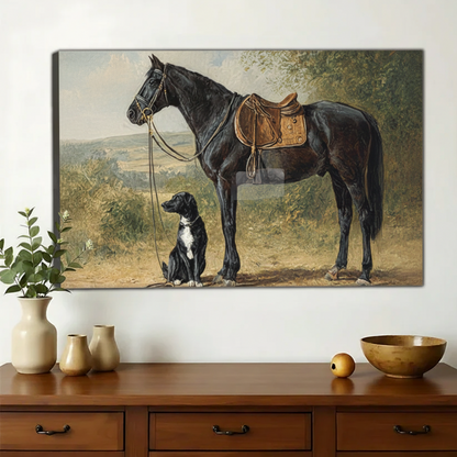 Black Horse with Puppy in Pasture – Heartwarming Countryside Wall Art on Natural Wood Canvas | W825