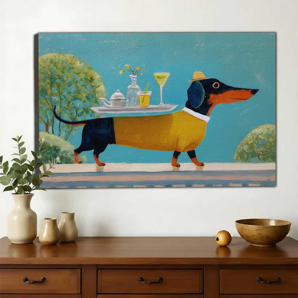 Dachshund Waiter with Cocktail Tray Wall Art – Whimsical Garden Party Canvas Print on Natural Wood Frame | W2184