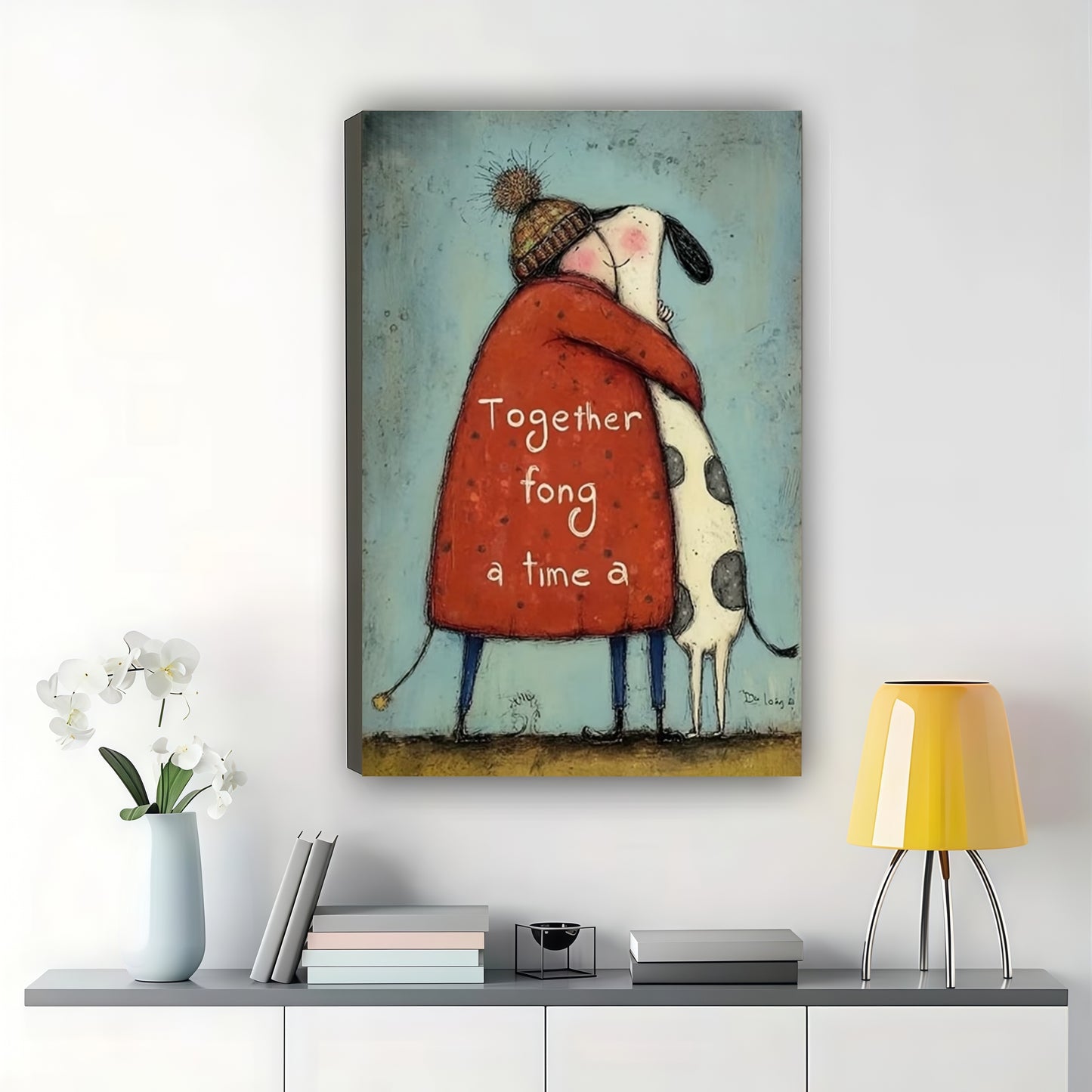 "Together For A Long Time" Dog Hug Wall Art – Sweet Folk Art Canvas Print on Natural Wood Frame | W2403