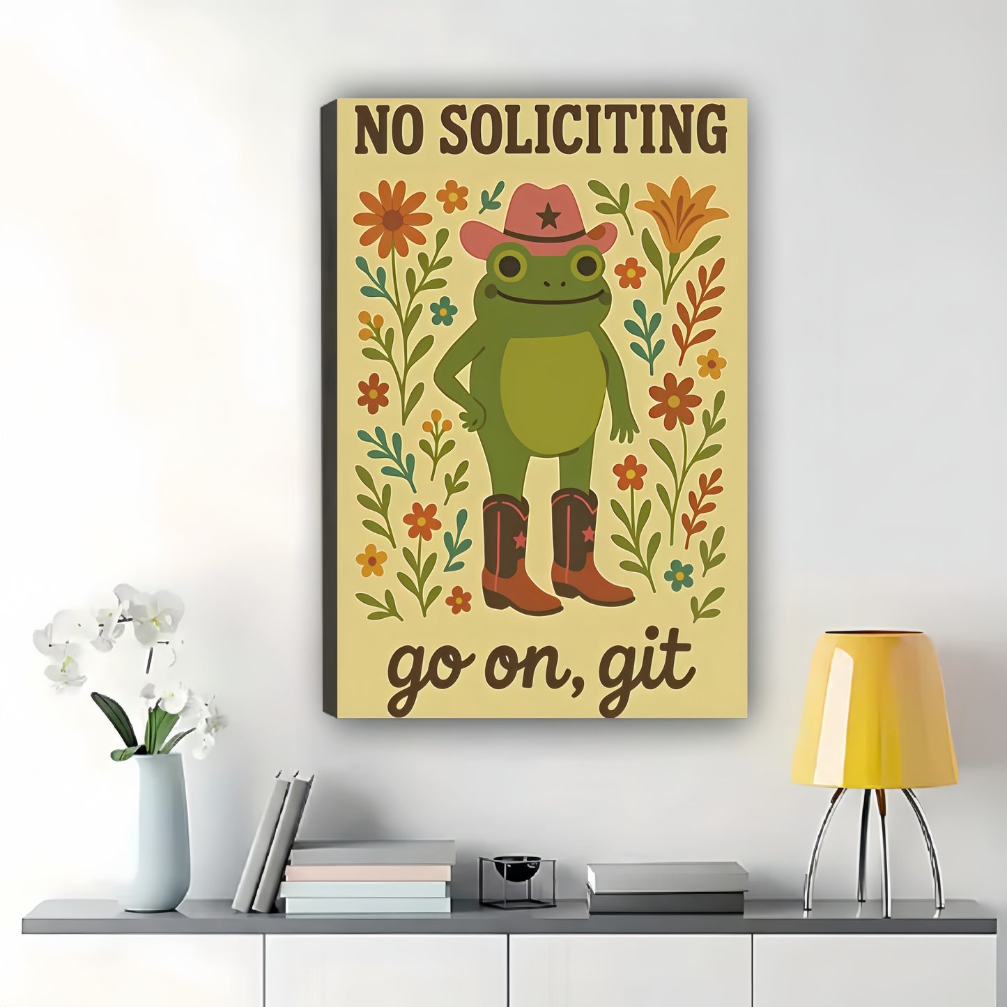 The Cowboy Frog “No Soliciting” – Rustic Playful Wall Art on Natural Wood Canvas | W611