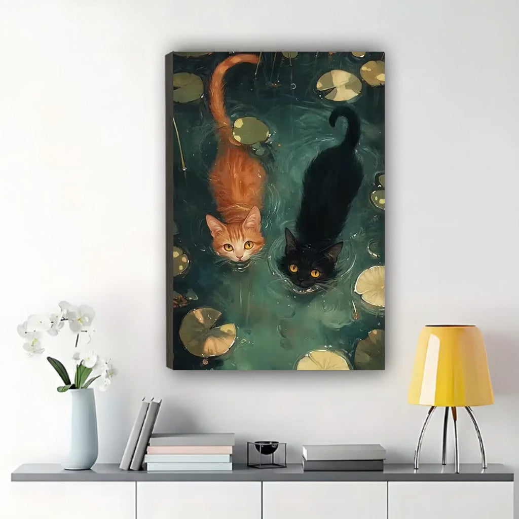 The Ink-Wash Style Playful Duo Cats – Serene Artistic Wall Art on Natural Wood Canvas | W652