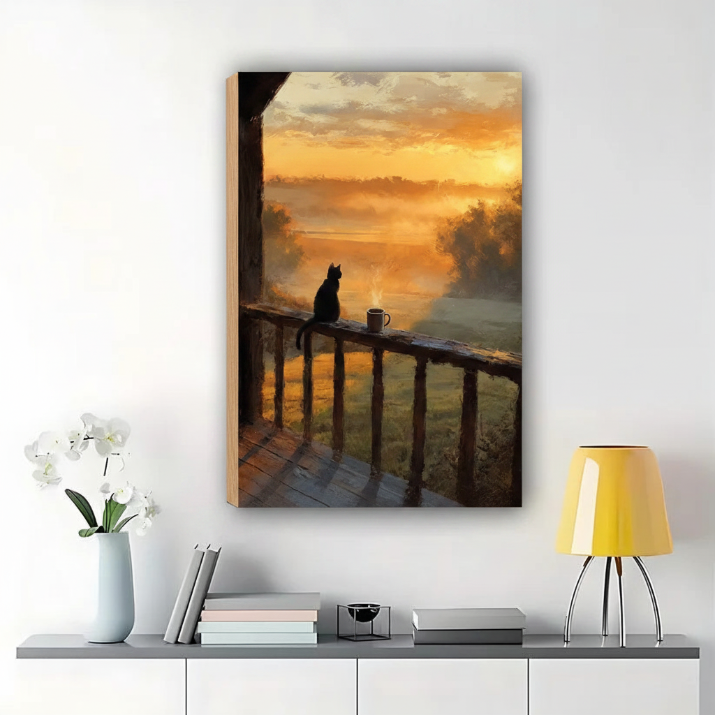 Black Cat at Sunset Bridge Wall Art – Moody Impressionist Cat Canvas Print on Natural Wood Frame | W2094