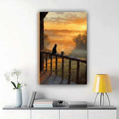 Black Cat at Sunset Bridge Wall Art – Moody Impressionist Cat Canvas Print on Natural Wood Frame | W2094