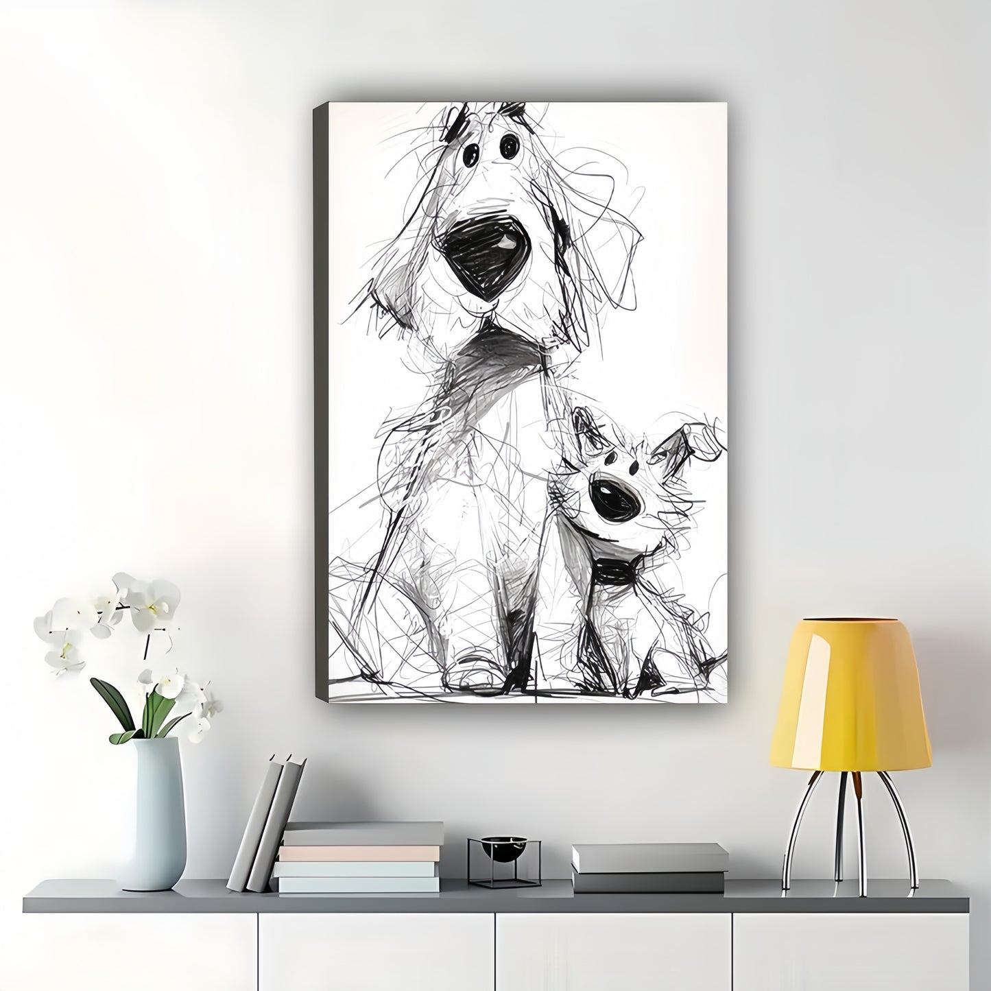 Black & White Sketch Dog Parent & Pup – Whimsical Pet Wall Art on Natural Wood Canvas | W763