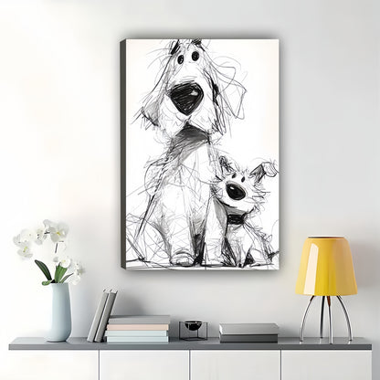 Black & White Sketch Dog Parent & Pup – Whimsical Pet Wall Art on Natural Wood Canvas | W763