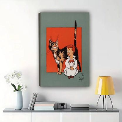Boy with Tall Cat Wall Art – Retro Cartoon Pet Canvas Print on Natural Wood Frame | W2409