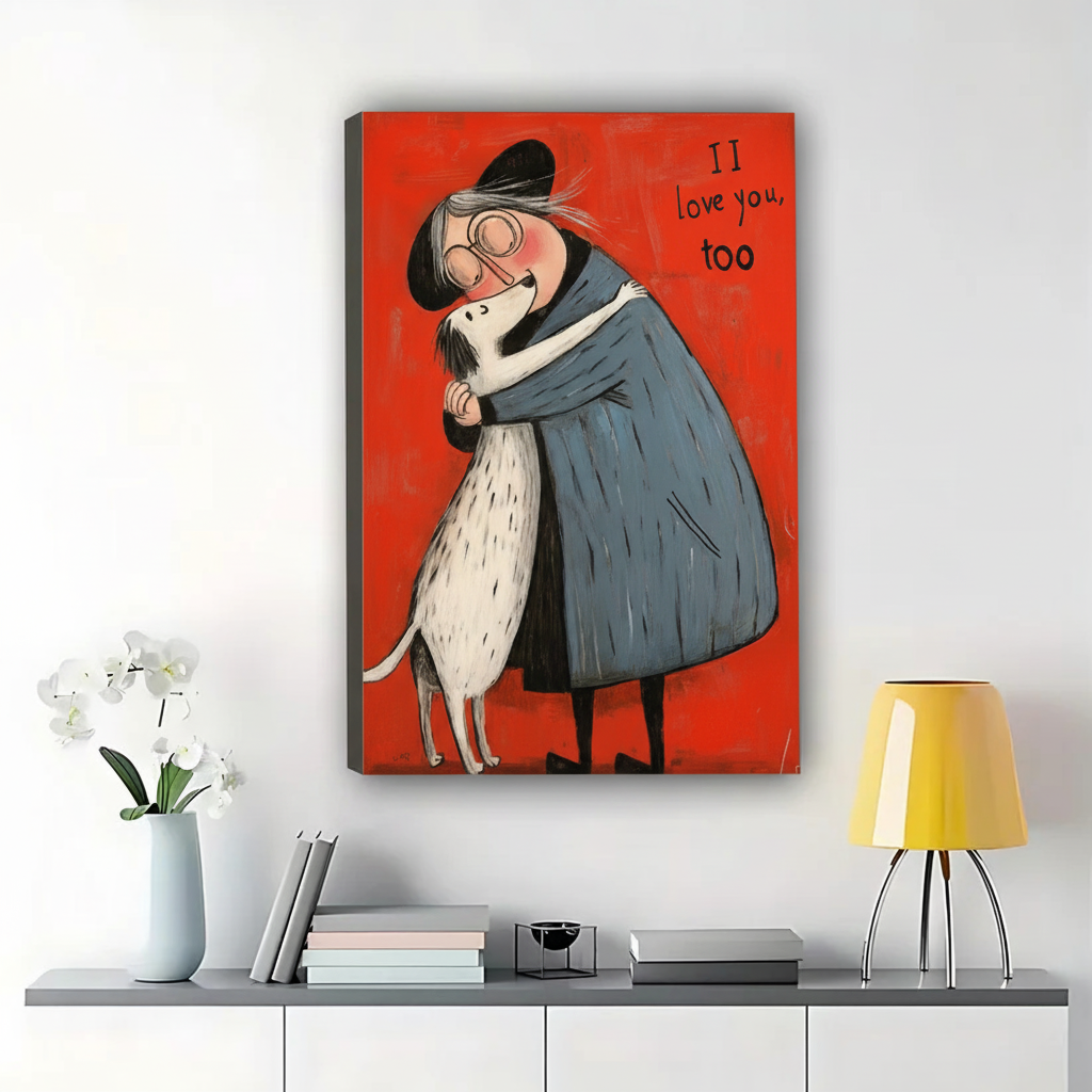 The I Love You 100 Hugging Figure & Dog – Warm Retro Wall Art on Natural Wood Canvas | W617