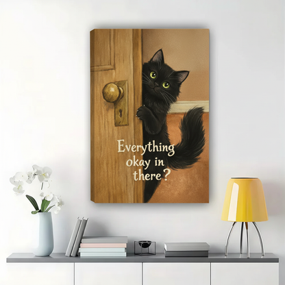 Black Cat Peeking Around the Door Wall Art – Funny Whimsical Cat Canvas Print on Natural Wood Frame | W2293