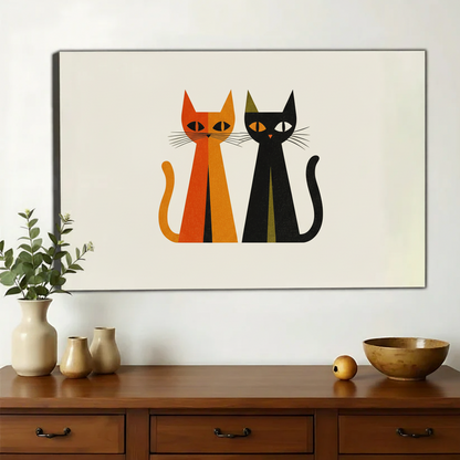 Minimalist Orange & Black Cat Duo – Bold Geometric Wall Art on Natural Wood Canvas | W735