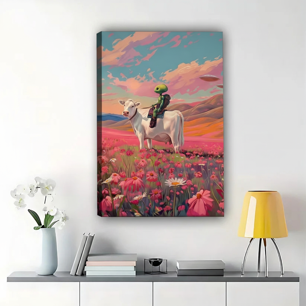 The Flower Field Rider – Whimsical Pastoral Wall Art on Natural Wood Canvas | W623
