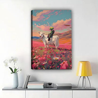 The Flower Field Rider – Whimsical Pastoral Wall Art on Natural Wood Canvas | W623