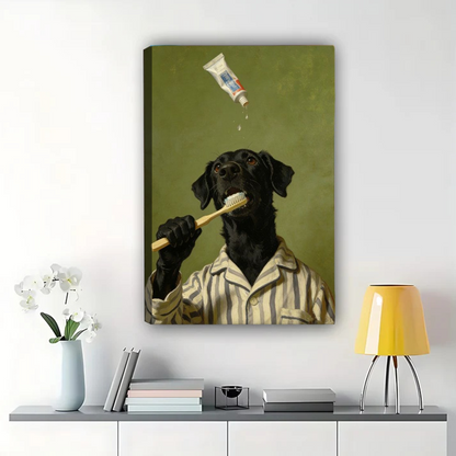 Black Lab Brushing Teeth Canvas - Funny Dog Bathroom Art|W1240