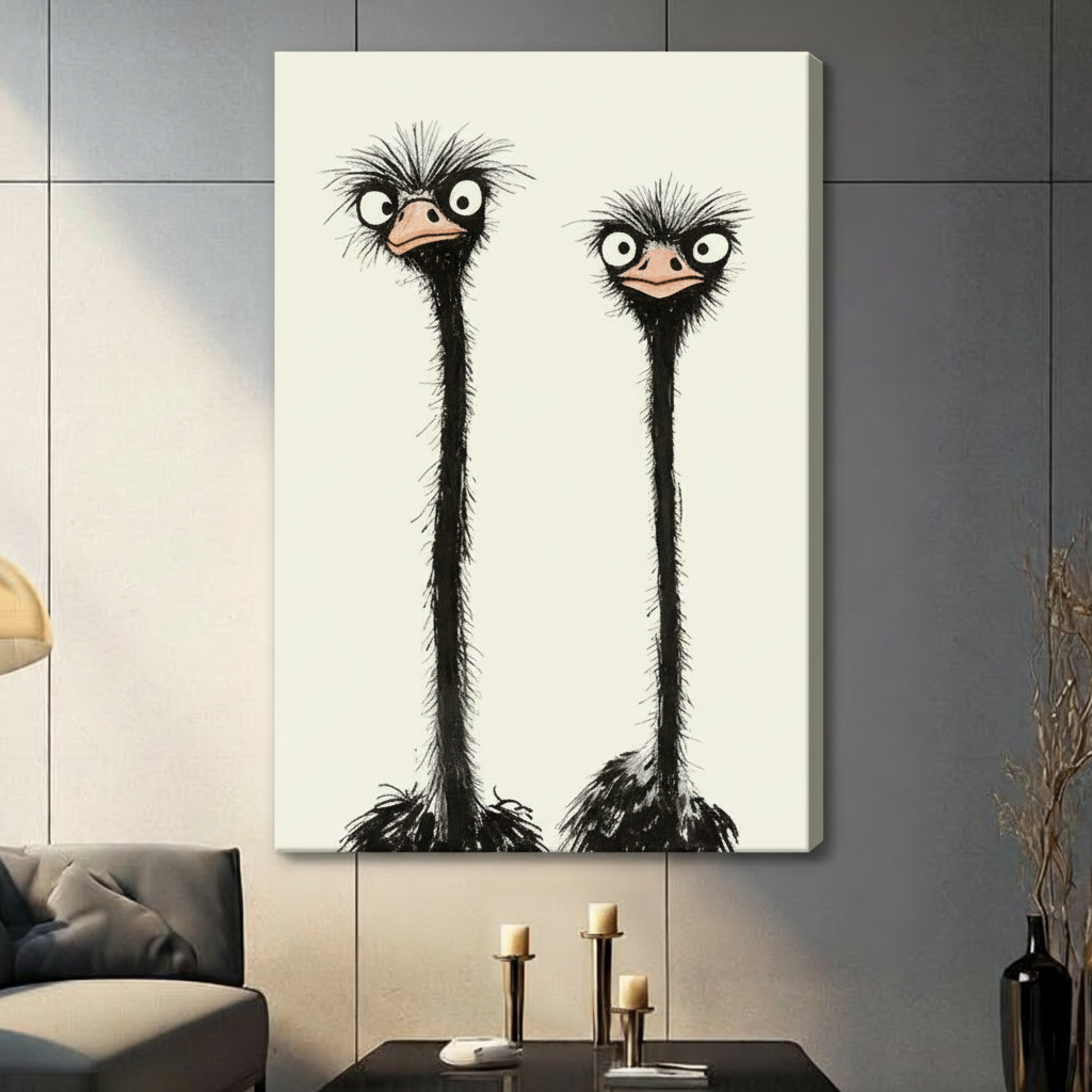 Funny Ostrich Duo Minimalist Ink Canvas Art w6619