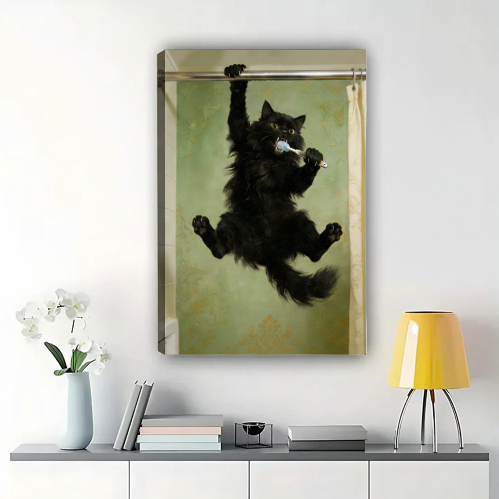 Black Cat Brushing Teeth Wall Art – Chaotic Funny Cat Canvas Print on Natural Wood Frame | W2267