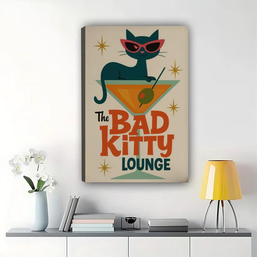 The Bad Kitty Lounge Retro Cat with Martini – Mid-Century Modern Wall Art on Natural Wood Canvas | W933