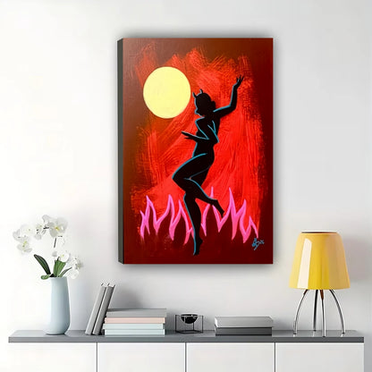 The Moonlit Dancer Silhouette – Retro Artistic Wall Art on Natural Wood Canvas | W678