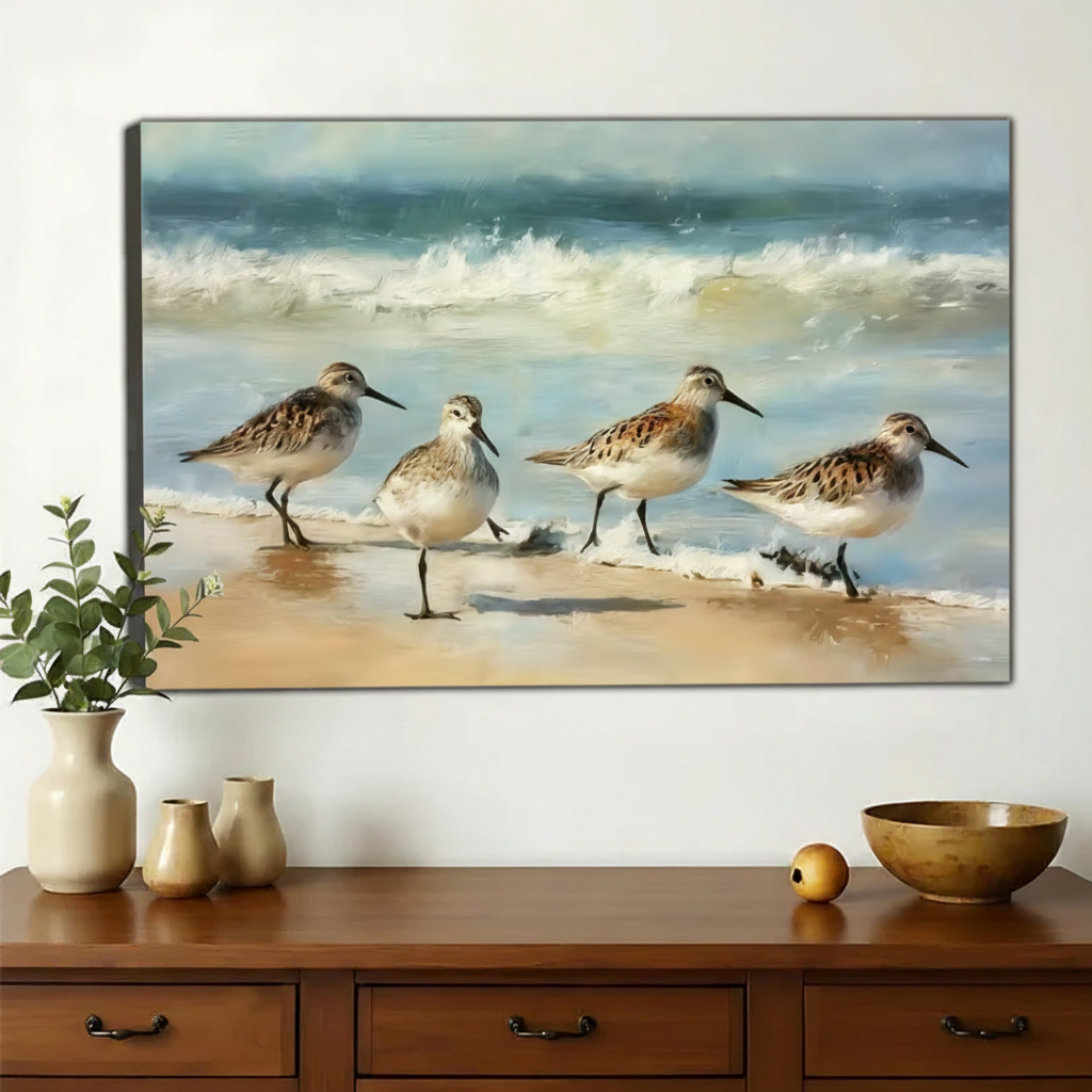 Sandpipers on the Shore Wall Art – Coastal Oil Painting Canvas Print on Natural Wood Frame | W2121