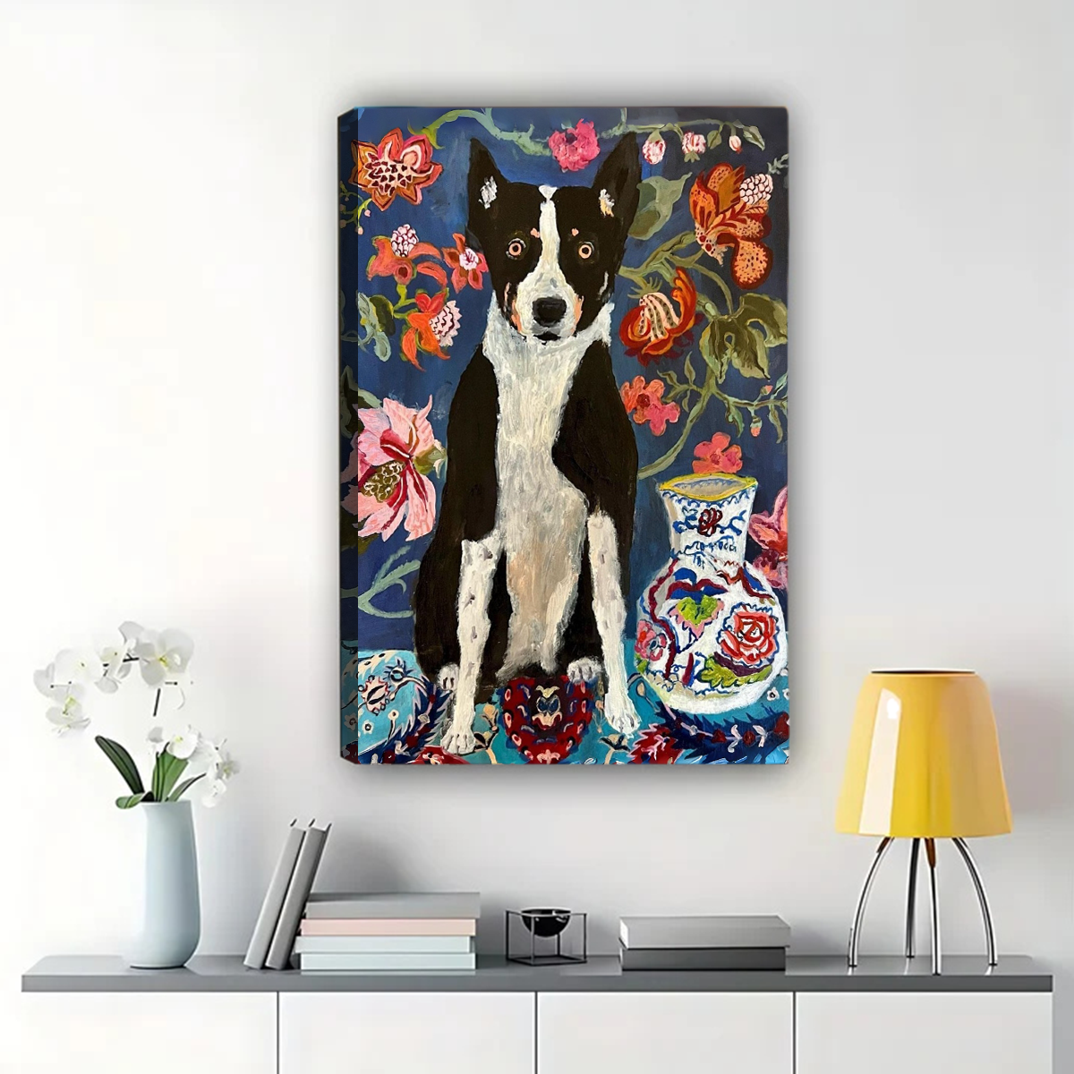Dog with Floral Garden Wall Art - Colorful Portrait Print|W1291