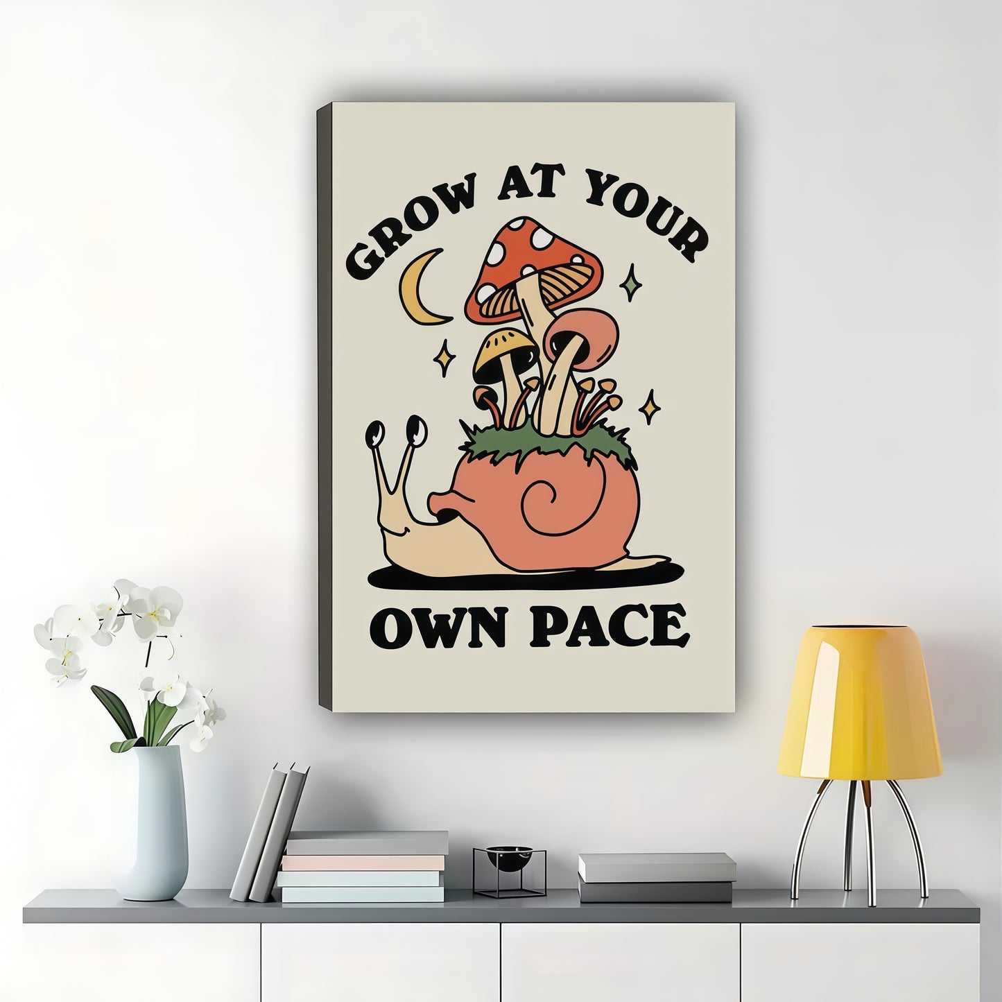 Grow At Your Own Pace Mushroom Snail – Whimsical Motivational Wall Art on Natural Wood Canvas | W748