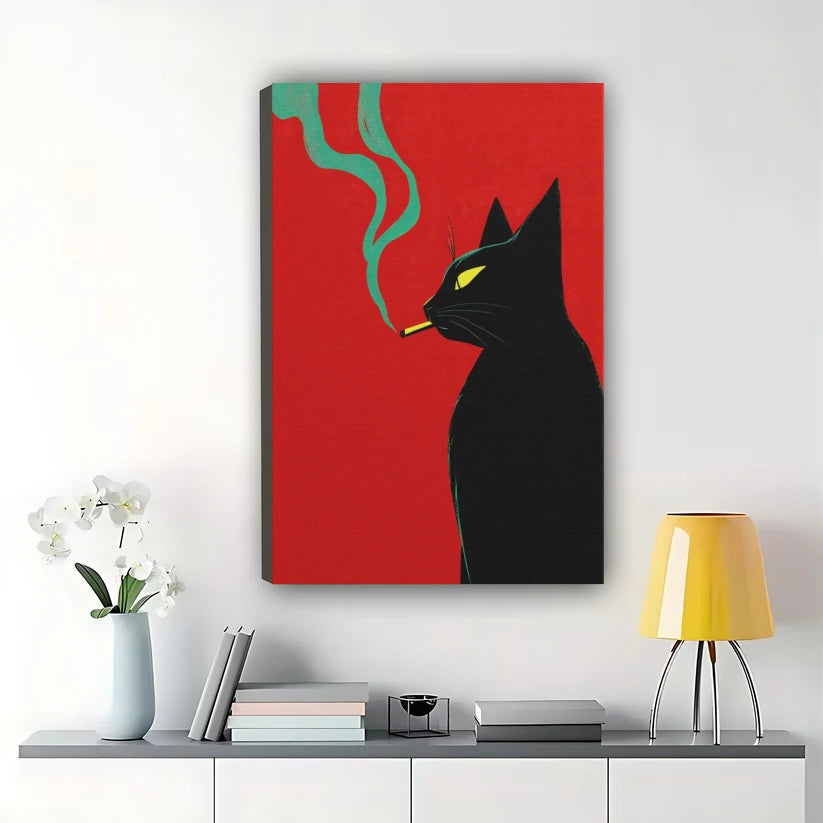 Smoking Black Cat – Retro Edgy Cat Wall Art on Natural Wood Canvas | W2072