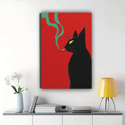Smoking Black Cat – Retro Edgy Cat Wall Art on Natural Wood Canvas | W2072