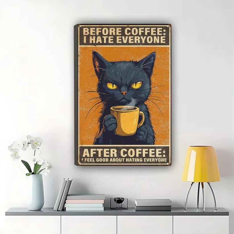 Before/After Coffee Sassy Black Cat – Wall Art on Natural Wood Canvas | W784