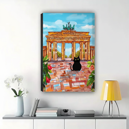 Black Cat at Brandenburg Gate Wall Art – Whimsical Travel Cat Canvas Print on Natural Wood Frame | W2105