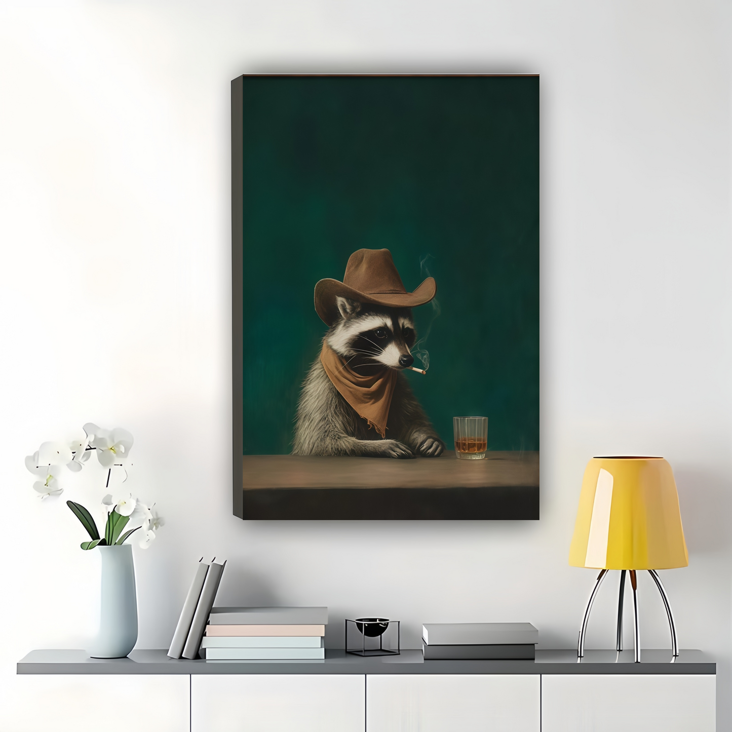 Bar Raccoon – Vintage Western Dapper Animal Wall Art on Natural Wood Canvas | W994
