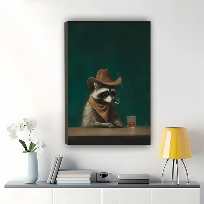 Bar Raccoon – Vintage Western Dapper Animal Wall Art on Natural Wood Canvas | W994