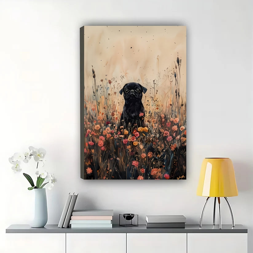 Black Dog in Wildflower Field – Watercolor Style Nature Wall Art on Natural Wood Canvas | W773